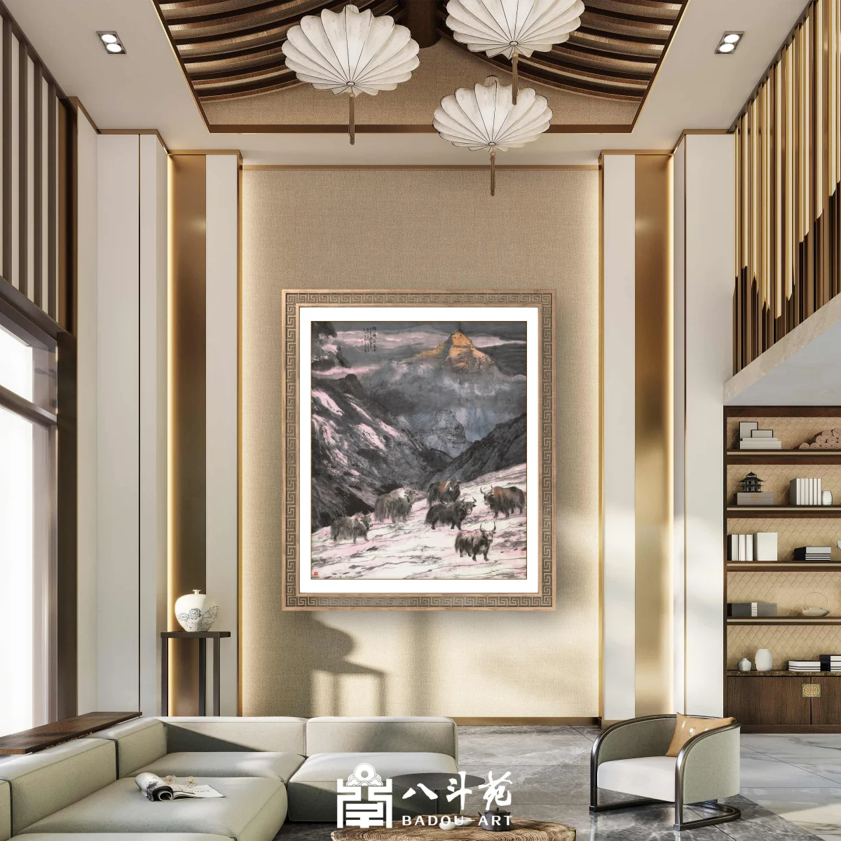 Ink landscape painting for a hotel reception lounge