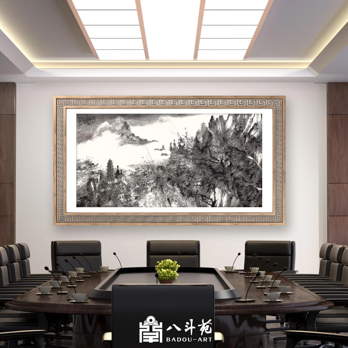 Chinese ink landscape painting with mountains and rivers