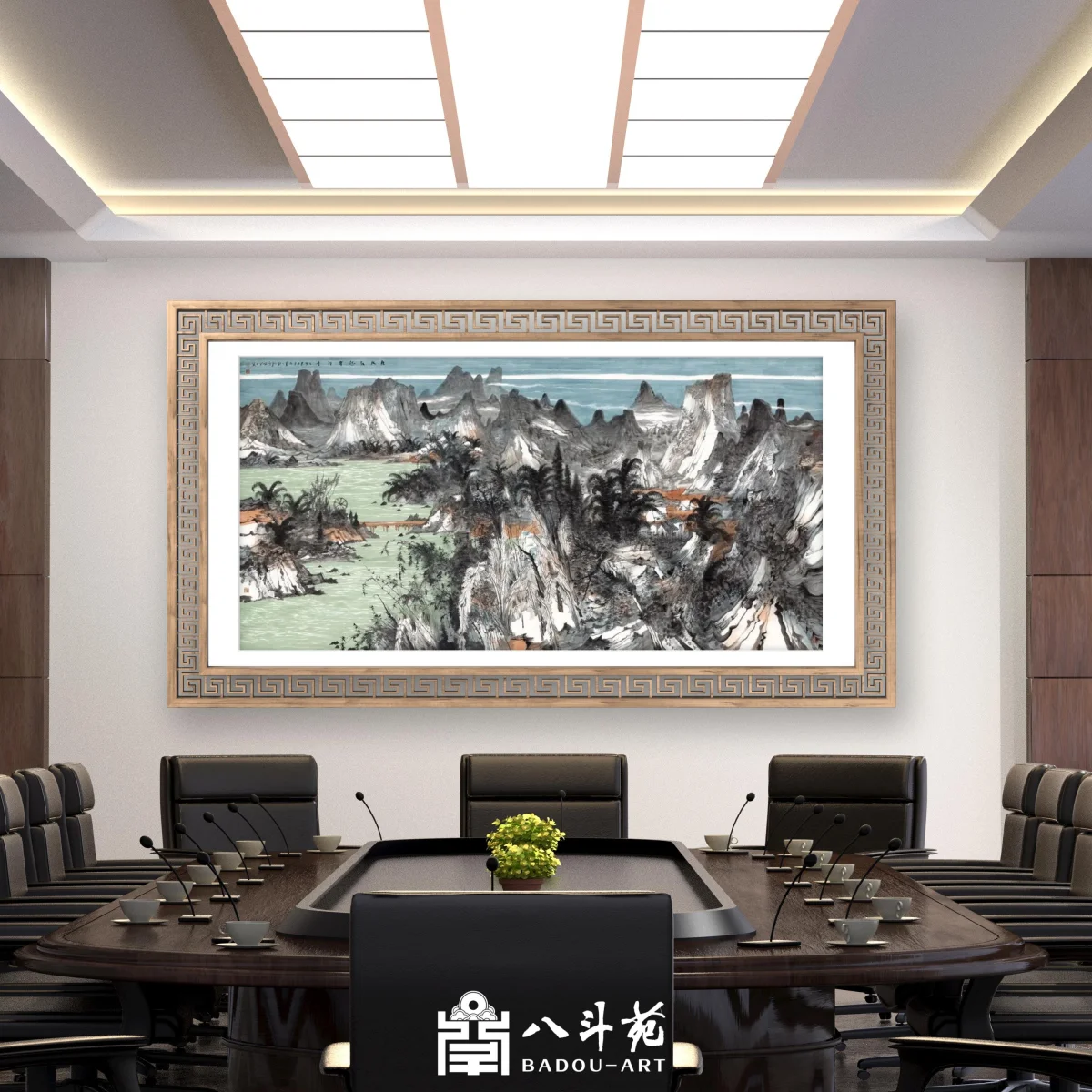 Serene mountain-and-water landscape scroll for a tea room or study