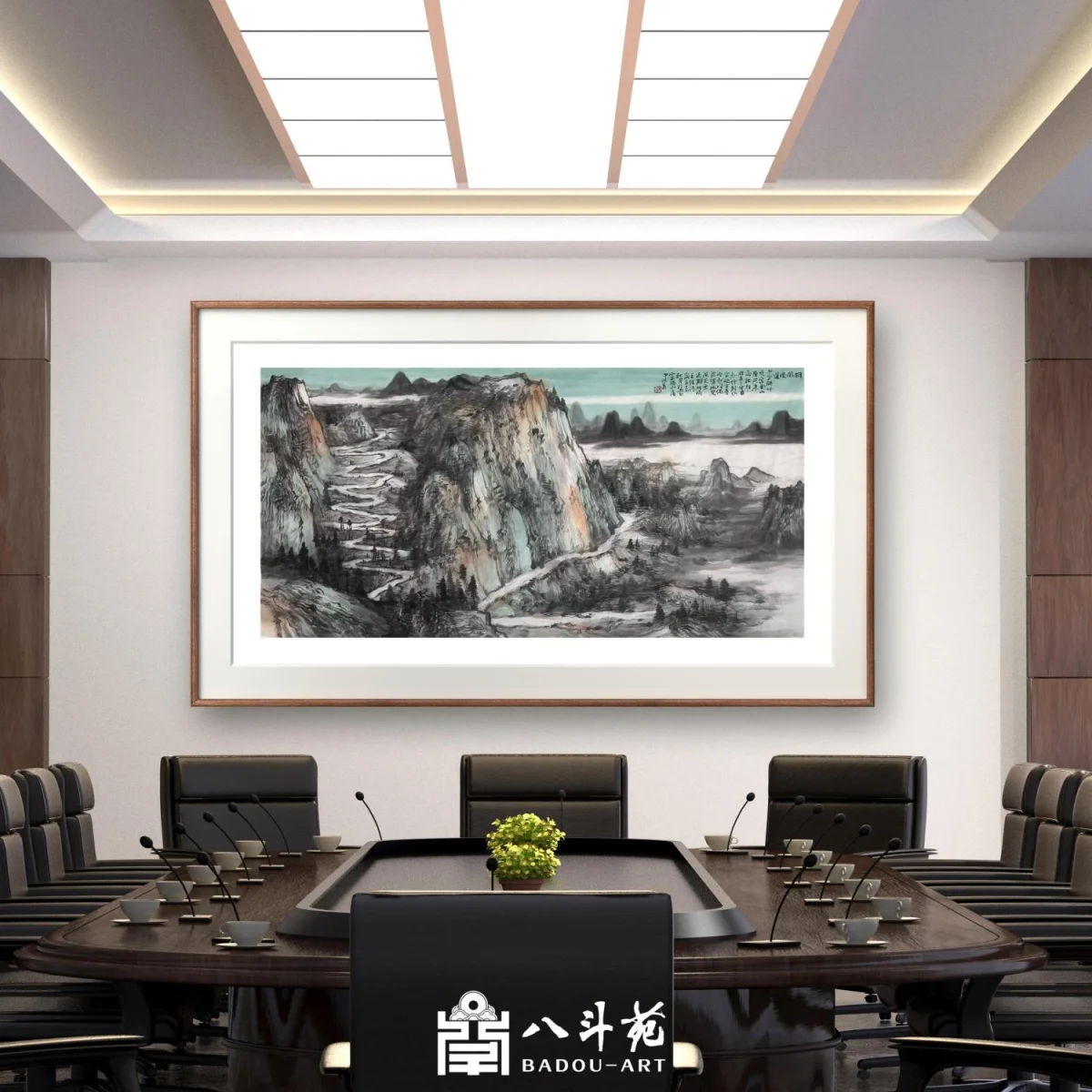 Misty Chinese landscape painting adding elegance and depth to restaurant decor