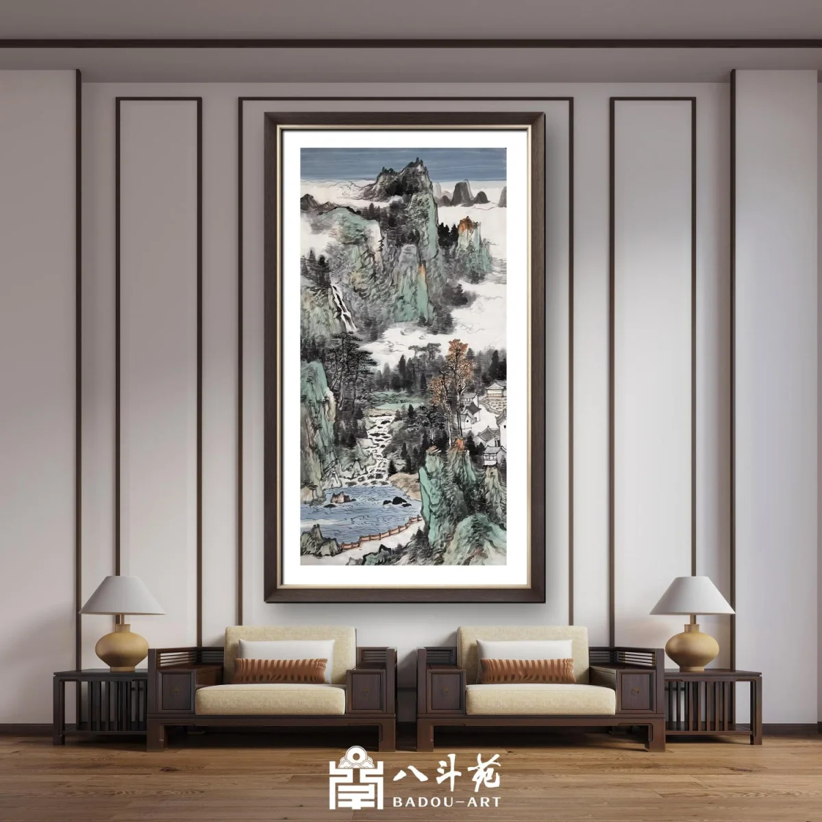 Chinese landscape painting with misty rivers and hills