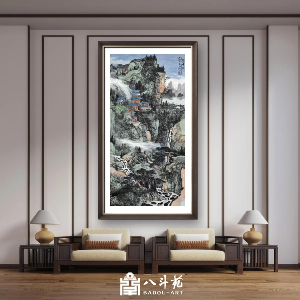 Serene mountain landscape painting for a hotel corridor