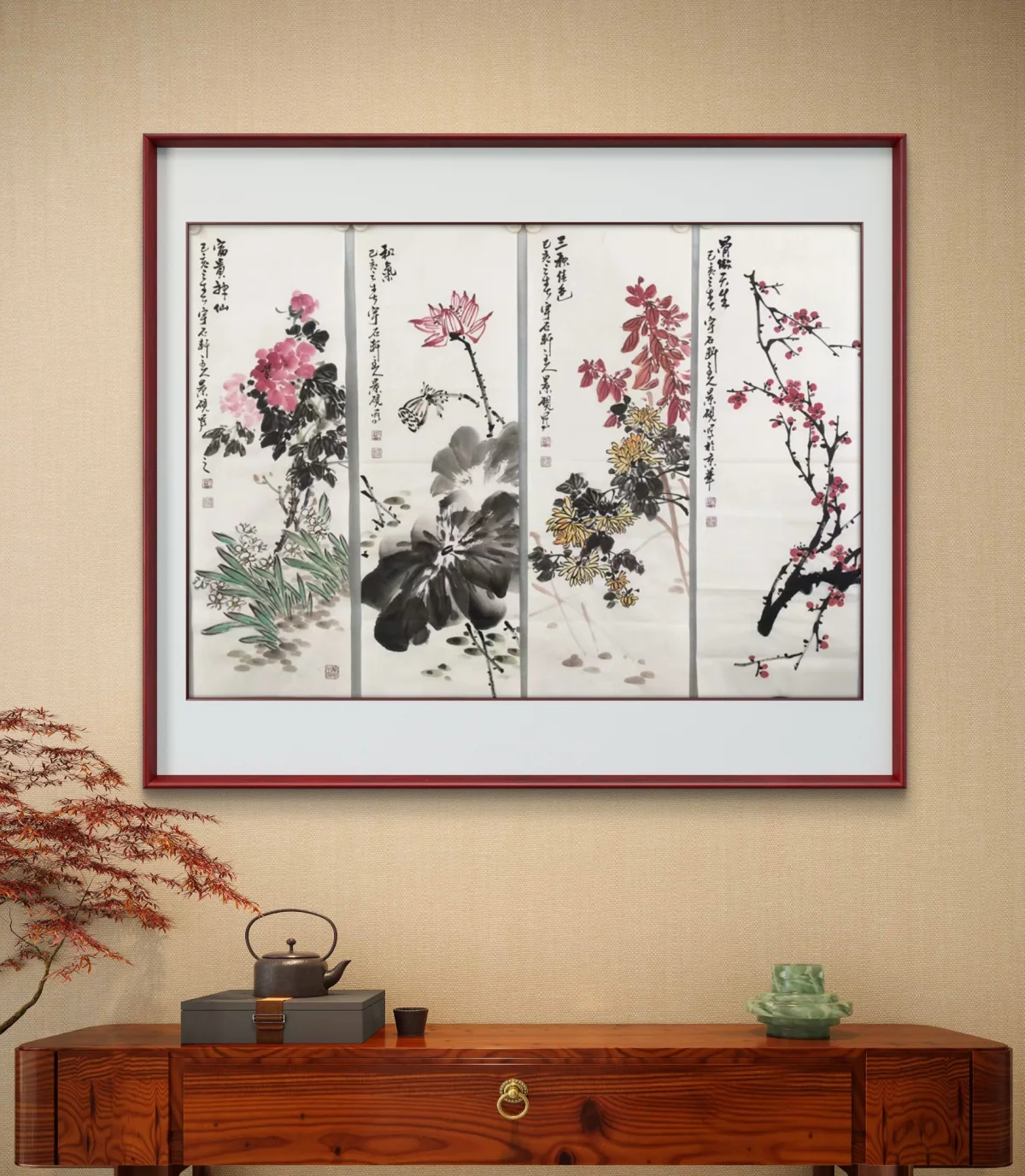 Wu Jingyan Chinese Freehand Painting・Four‑Panel Flower‑and‑Bird Screens（花鸟四条屏）