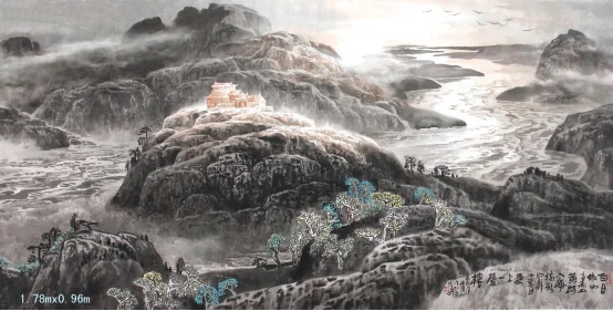 Landscape painting Gengshang Yiceng Lou, 178x95cm, by Wang Junsong
