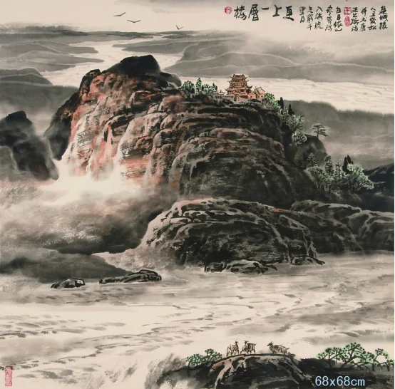 Landscape painting Gengshang Yiceng Lou, 68x68cm, by Wang Junsong
