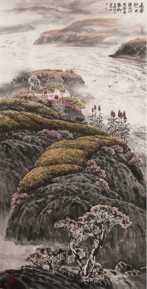 Painting Gaoliang Hong Xiaomi Huang, 135x68cm, by Wang Junsong