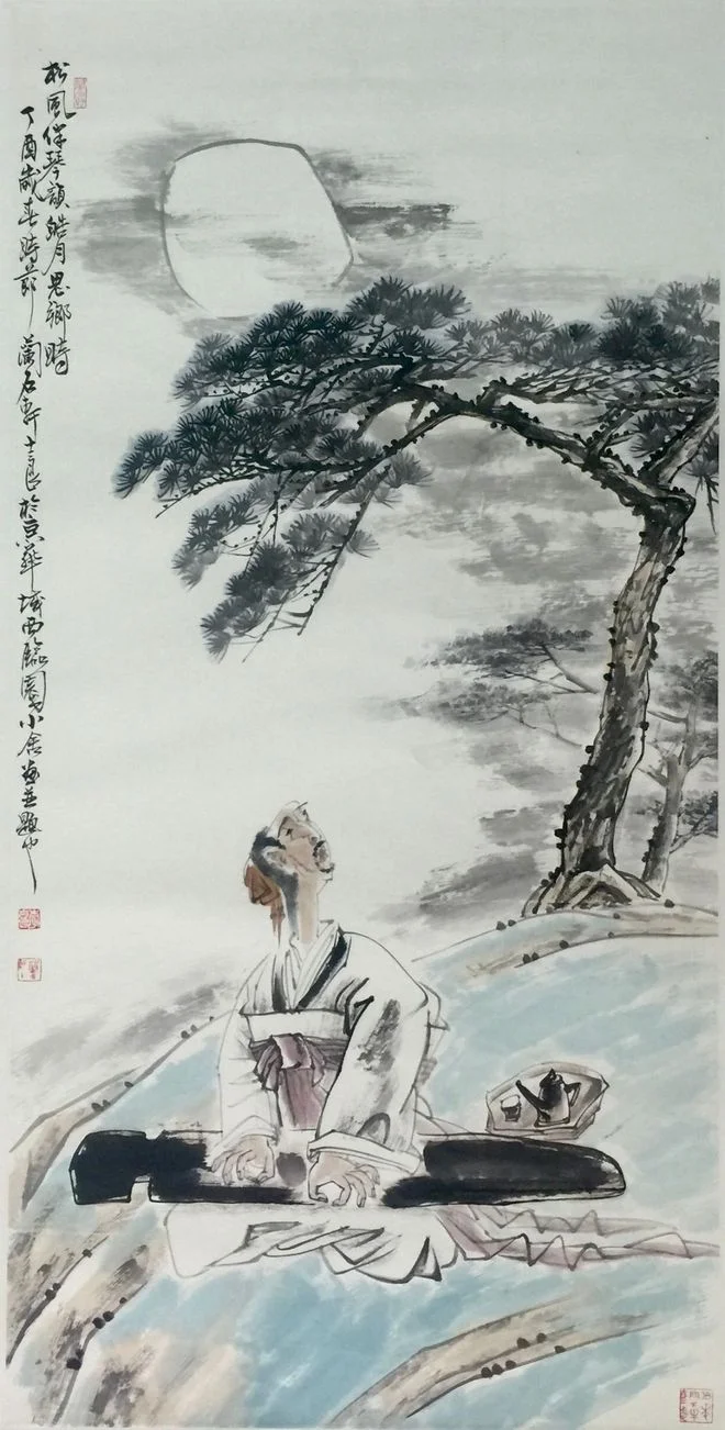 Ink painting Remembering Home Under the Bright Moon