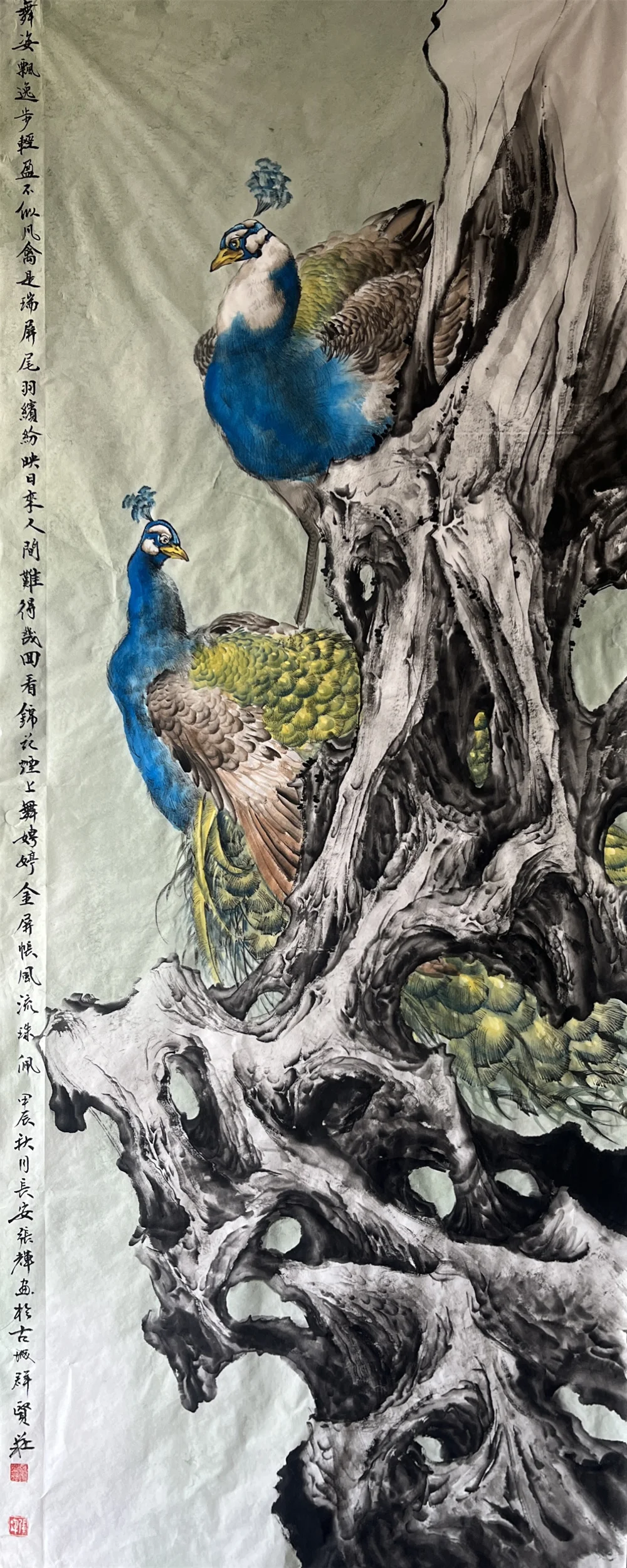 Zhang Hui painting Brocade Flowers Dancing in the Mist, 2023, 180 x 69 cm