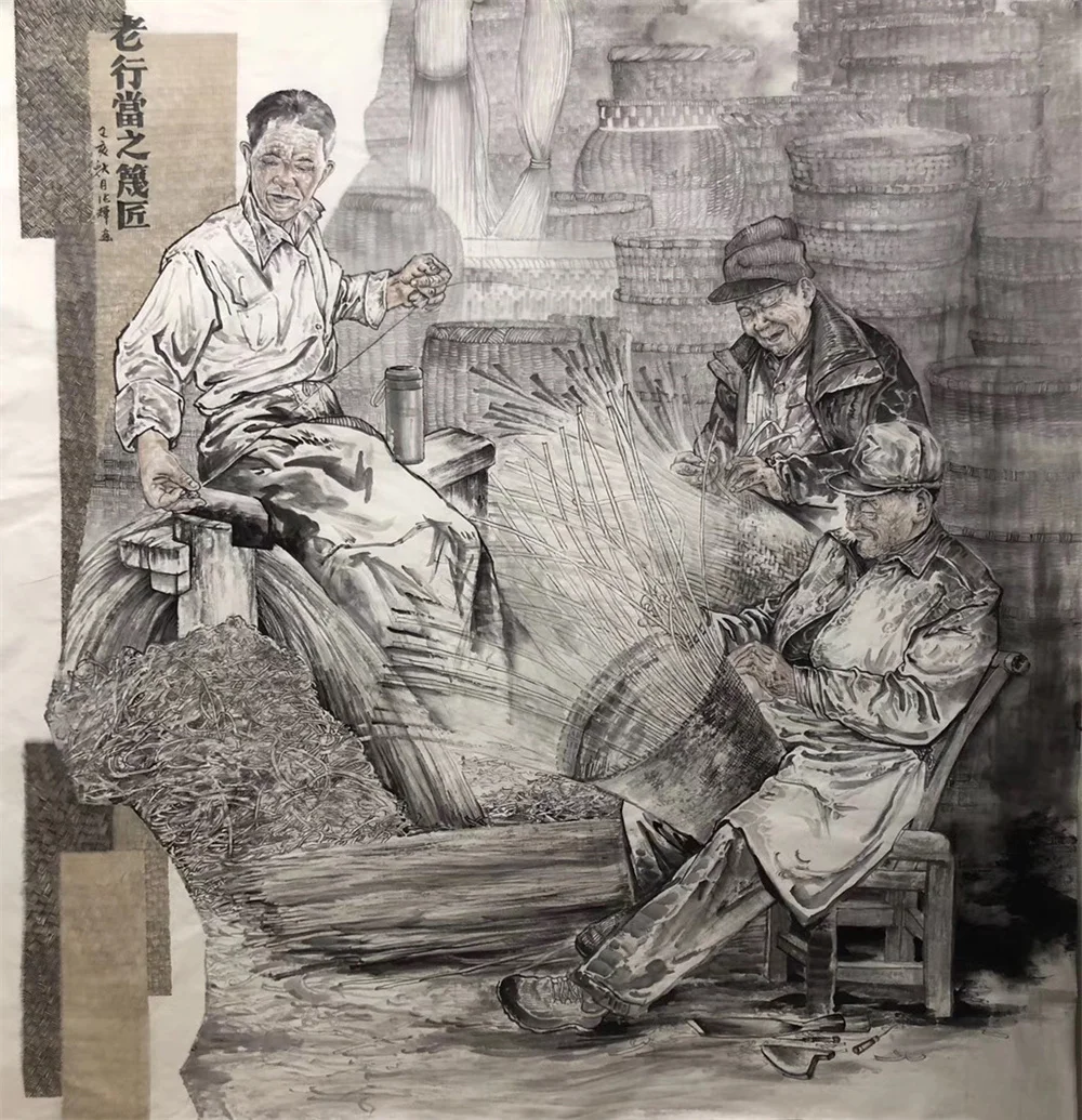 Zhang Hui painting Old Trades The Bamboo Weaver, 2016, 180 x 180 cm