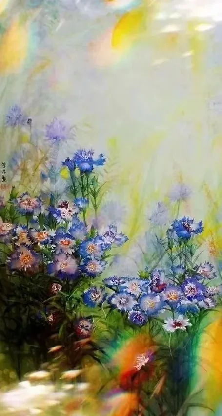 Flowers of Happiness Cornflowers by Chen Mo, 180 x 97 cm, ink and color on paper, 2022