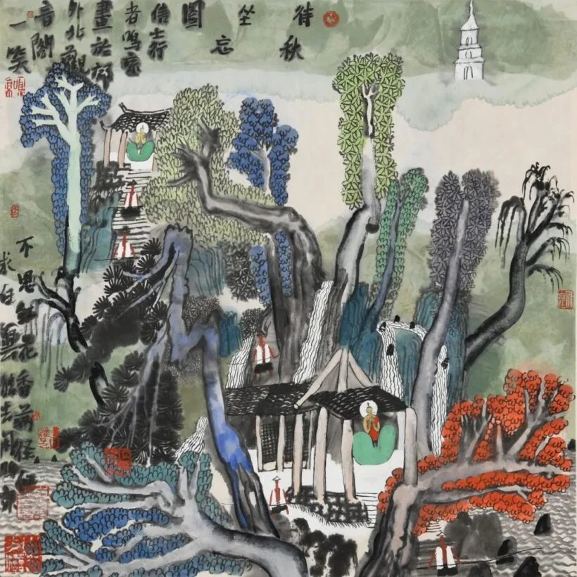 Awaiting Autumn in Sitting Forgetfulness, square album painting by Yao Mingjing, 68 x 68 cm