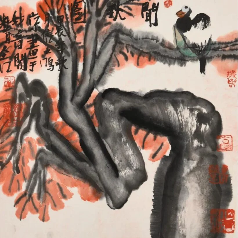 Listening to Autumn, small album painting by Yao Mingjing, 33 x 33 cm