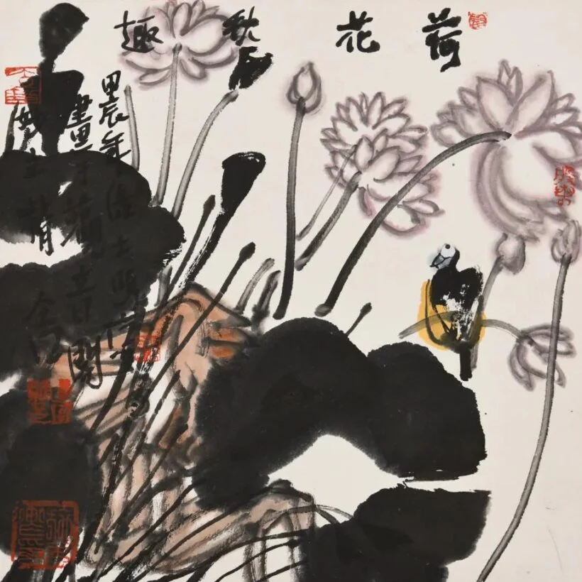 Autumn Delight among the Lotus, painting by Yao Mingjing, 34 x 34 cm