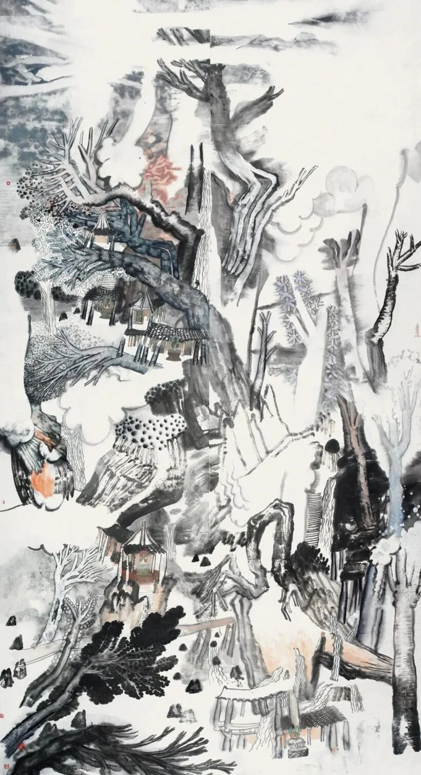 Veiled Spaces, large ink landscape by Yao Mingjing, 188 x 430 cm