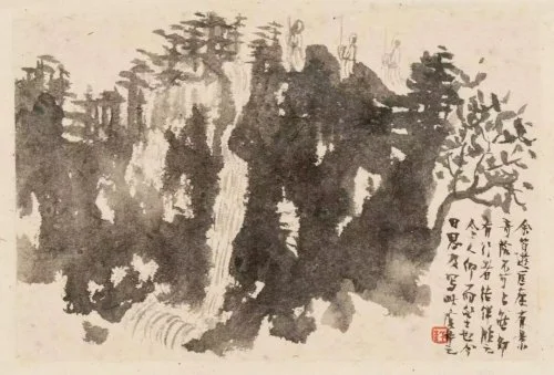 Zhou Xianglin, Viewing the Waterfall at Mount Lu, small landscape with inscription