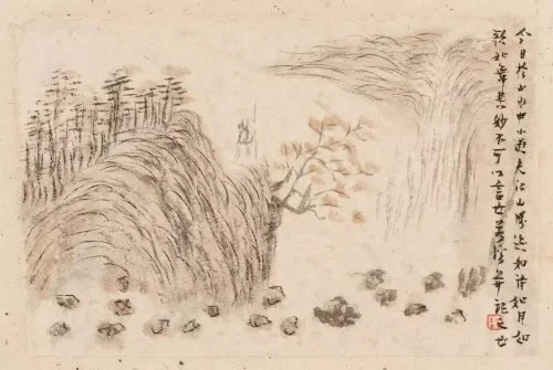 Zhou Xianglin, Leisurely Roaming, small ink painting with inscription
